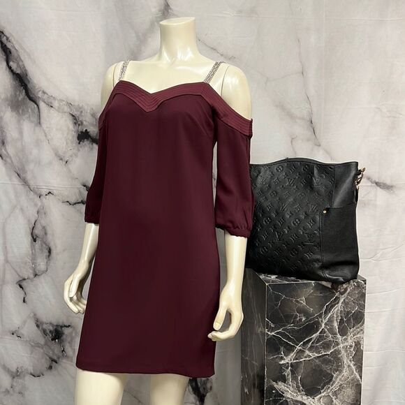 Trina Turk maroon off the shoulder dress with large rhinestone straps - Picture 1 of 7
